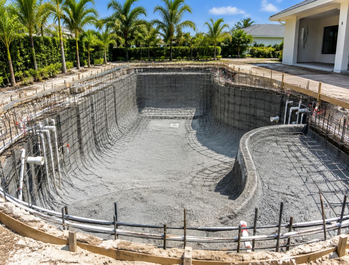 Pool shell with steel reinforcement during construction