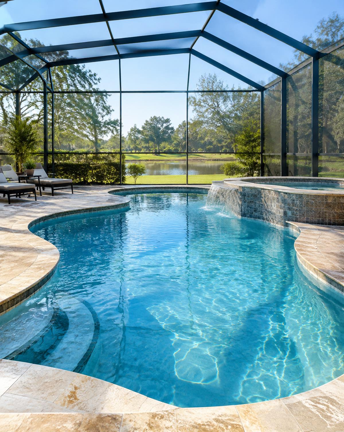 Freeform pool and spa in a screened lanai overlooking a lake