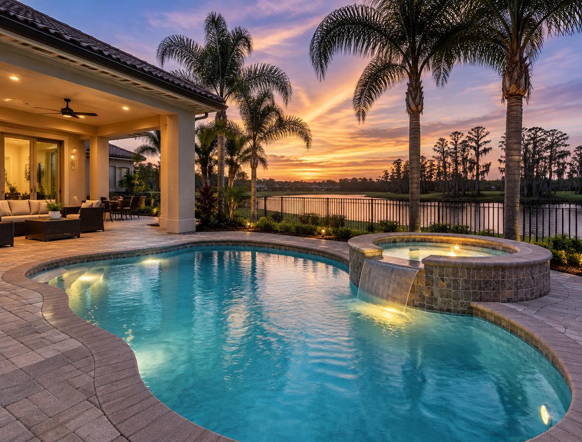 Pool with raised spa and spillover lit at dusk beside a covered patio