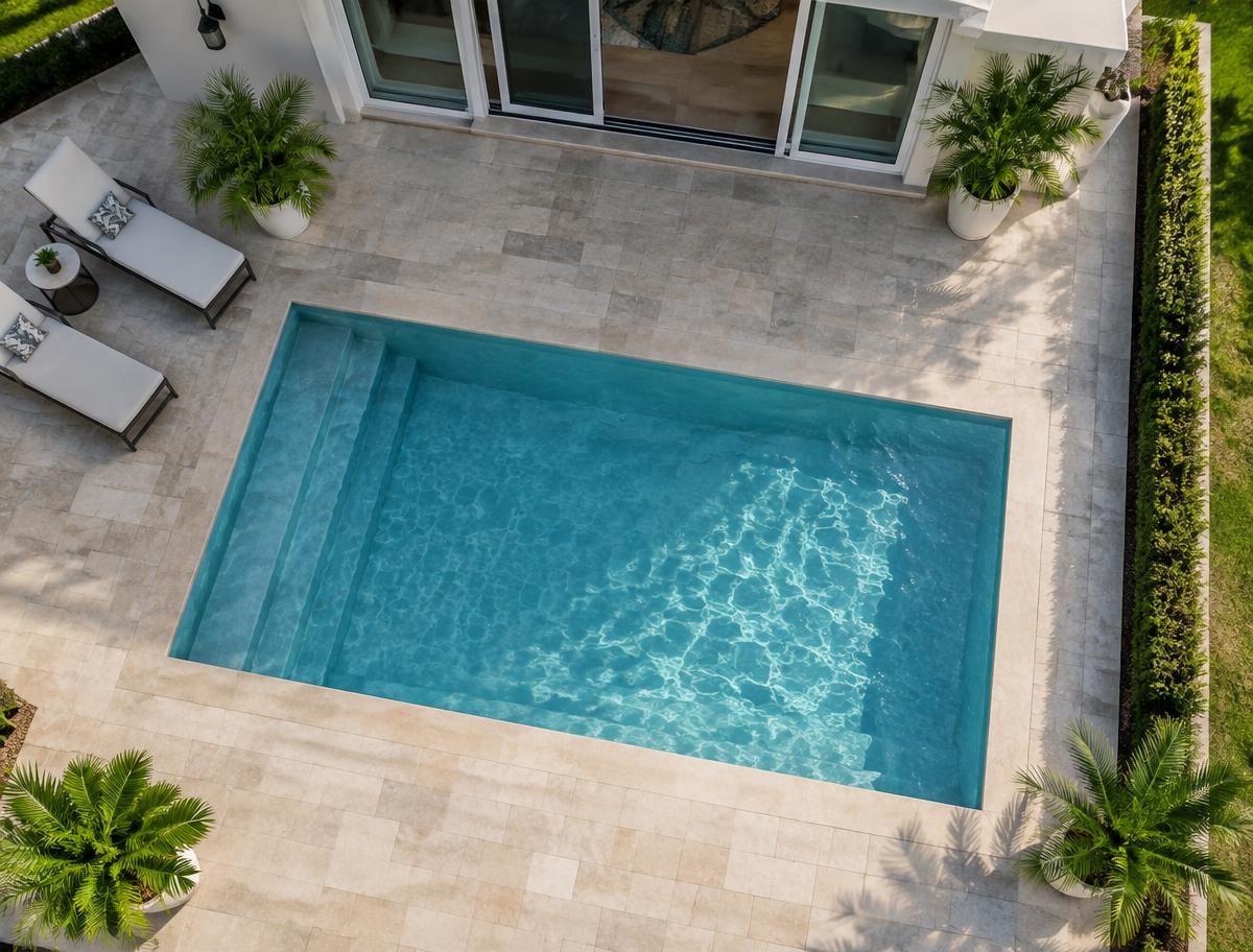 Light stone paver deck surrounding a rectangular pool with lounge chairs